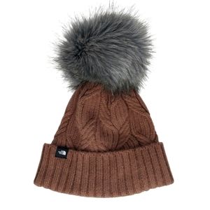 North Face Cozy Brown Beanie W/ Fuzzy Faux Fur Ball